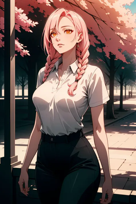 shirt, pants, outdoors, trees, sunshine, shade of tree, polo shirt,, (mature female, milf, mother, perfect jawline, middle aged, 30yr old), highres, best quality, master's work, cinematic lighting, official art, (masterpiece, 8k wallpaper, deep eyes, detailed eyes), beautiful and delicate, absurdres, best quality, high detail, vivid, dynamic lighting, mature, grey hair,pink hair, flipped hair,twin braids, orange eyes,