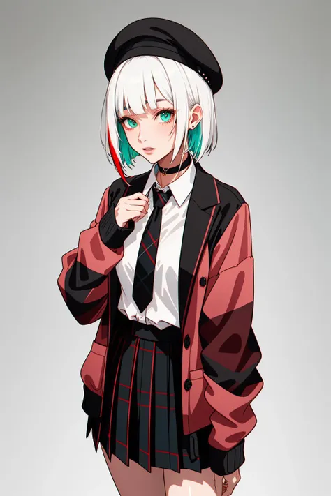 best quality, masterpiece, 1girl, solo, <lora:waccaLily-000100:0.9>, red gradient streaked hair, short hair, white hair, lily (wacca), black beret, plaid skirt, choker, cyan sweater jacket, collared shirt, black plaid necktie, sleeves past fingers, blunt bangs