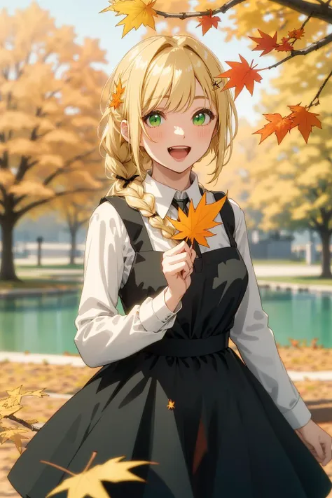 1girl, sleeveless dress, solo, dress, shirt, white shirt, autumn leaves, holding leaf, leaf, maple leaf, looking at viewer, holding, sleeveless, blonde hair, smile, open mouth, bangs, blurry, ribbon, braid, hair ribbon, blush, ribbon braid, plaid, :d, autumn, depth of field, long sleeves, hair ornament, outdoors, black dress, shawl, scarf, blurry background, blurry foreground, upper teeth only, upper body, collared shirt, green eyes, teeth, water, pinafore dress, branch