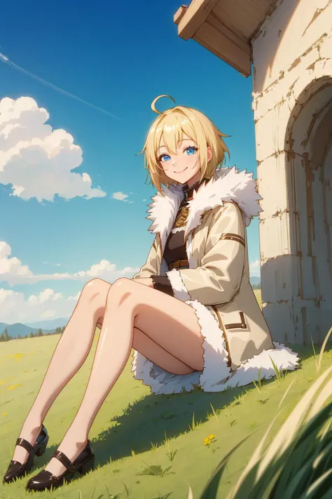 masterpiece, best quality, 1girl, sitting, ahoge, blonde hair, blue eyes, fur collar, fur trim, grass, short hair, smile, solo, trembling, full body, sky,