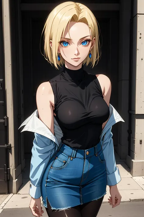 best quality, highres, and18, 1girl, android 18, solo, blonde hair, blue eyes, short hair, earrings, jewelry, denim vest, open vest, black pantyhose, black shirt, denim skirt, striped long sleeves, blue skirt, medium breasts, <lora:android_18_v110:0.5>, cowboy shot, street, (Externally expanded Chest:1.2), (Strapless:1.2), off-the-shoulder,