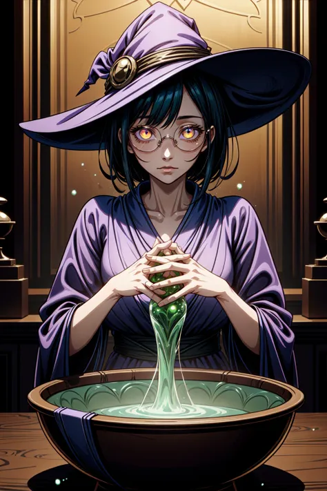 portrait of witch lady, round eyewear, glowing eyes, eye focus, short black hair, purple hat, ornate robe, dark medieval room indoors, cauldron with green potion, spider web, particles, fantasy <lora:add_detail:1>