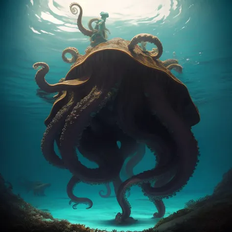 Lusca:1.4 cryptid, <lora:sai_tentout_v3:0.7> tentout, no_humans, horror, sea_monster, colossal giant_octopus, Caribbean folklore, lurking in Bahamas blue_hole