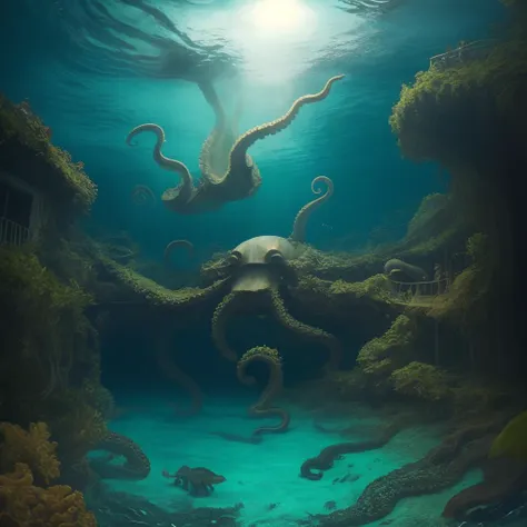 Lusca:1.4 cryptid, <lora:sai_tentout_v3:0.7> tentout, no_humans, horror, sea_monster, colossal giant_octopus, Caribbean folklore, lurking in Bahamas blue_hole