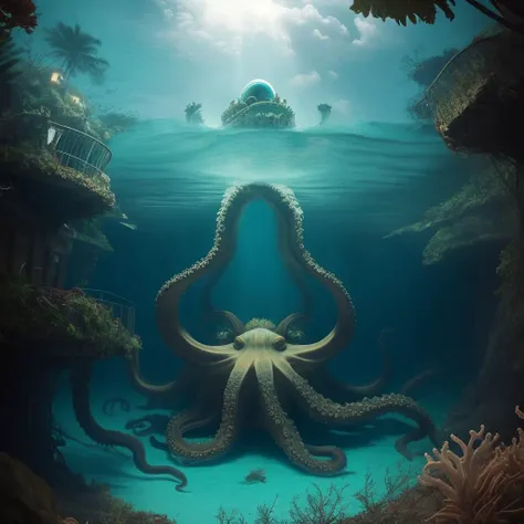 Lusca:1.4 cryptid, <lora:sai_tentout_v3:0.7> tentout, no_humans, horror, sea_monster, colossal giant_octopus, Caribbean folklore, lurking in Bahamas blue_hole