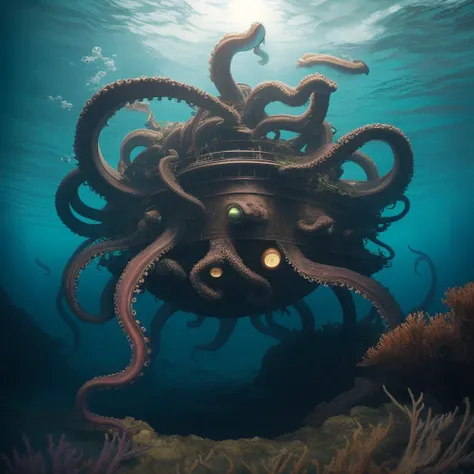 Lusca:1.4 cryptid, <lora:sai_tentout_v3:0.7> tentout, no_humans, horror, sea_monster, colossal giant_octopus, Caribbean folklore, lurking in Bahamas blue_hole