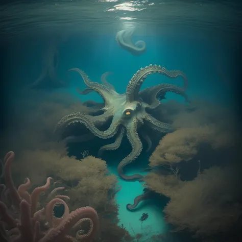Lusca:1.4 cryptid, <lora:sai_tentout_v3:0.7> tentout, no_humans, horror, sea_monster, colossal giant_octopus, Caribbean folklore, lurking in Bahamas blue_hole