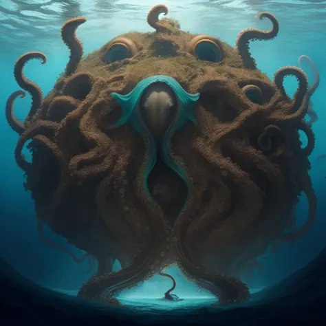 Lusca:1.4 cryptid, <lora:sai_tentout_v3:0.7> tentout, no_humans, horror, sea_monster, colossal giant_octopus, Caribbean folklore, lurking in Bahamas blue_hole