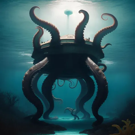 Lusca:1.4 cryptid, <lora:sai_tentout_v3:0.7> tentout, no_humans, horror, sea_monster, colossal giant_octopus, Caribbean folklore, lurking in Bahamas blue_hole