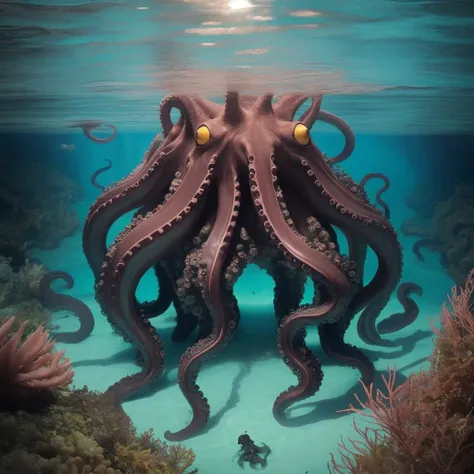 Lusca:1.4 cryptid, <lora:sai_tentout_v3:0.7> tentout, no_humans, horror, sea_monster, colossal giant_octopus, Caribbean folklore, lurking in Bahamas blue_hole