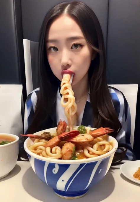 masterpiece, best quality, 1girl, eat udon, <lora:sai_tentout_v3:1>big Fried Shrimp,Bowl