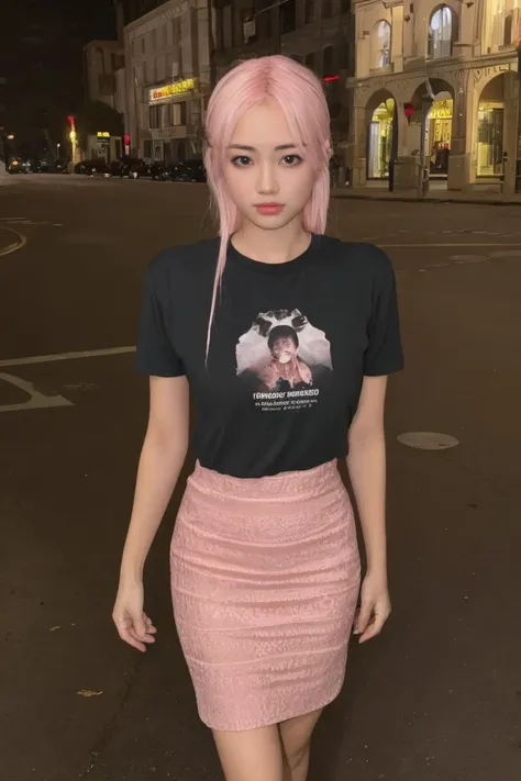 4k, 8k, ultra highres, raw photo in hdr, sharp focus, intricate texture, skin imperfections, realistic, detailed facial features, highly detailed face, posing,perfect lighting,long hair,standing,full body,t-shirt,long skirt,black shoes,<lora:Vyvan2:0.7> Vyvan2,pink hair,straight eyebrows,smile
