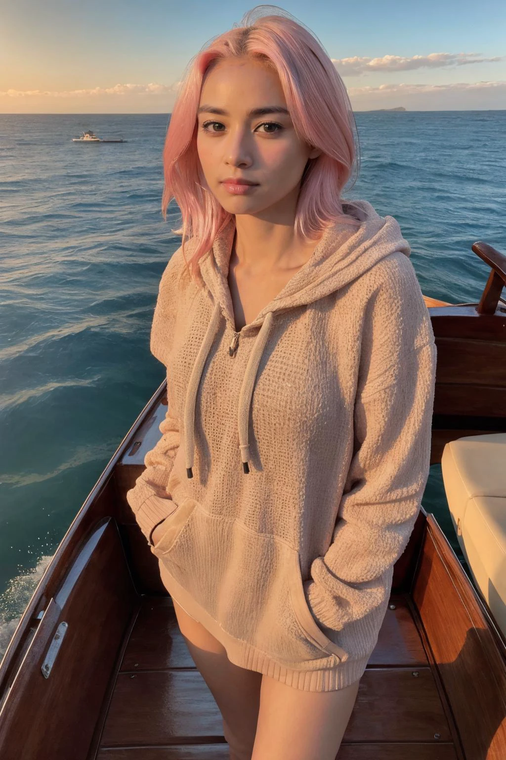 4k, 8k, ultra highres, raw photo in hdr, sharp focus, intricate texture,realistic, detailed facial features, highly detailed face,detailed background,standing in a wooden boat in the ocean,ocean,boat,wooden,standing,natural lighting,water reflection,detailed wood texture,ocean waves,dynamic,hoodie,<lora:Vyvan3:0.7> Vyvan3,pink hair