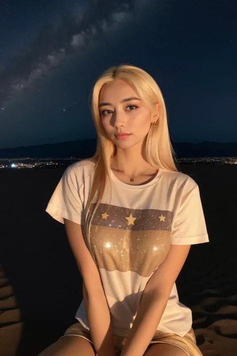 4k, 8k, ultra highres, raw photo in hdr, sharp focus, intricate texture,realistic, detailed facial features, highly detailed face, posing,perfect lighting,long hair,sitting,stars,twinkle,outdoors,space,yellow sparkles,night sky,detailed background,desert,sand,catus,blonde hair,straight eyebrows,cute,coat,(t-shirt),<lora:Vyvan3:0.7> Vyvan3
