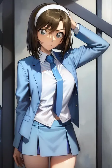 ((masterpiece)), (8k, high_resolution), (distinct_image),((1girl, solo)), (best quality), (meitantei conan \(style\), detecive conan \(style\), meitantei conan), solo, beautiful eyes and detailed face, ((1girl, solo)), medium breasts, (slim, slender), ((short hair, hair band)), ((school uniform, green necktie, white shirt, blue blazer, blue jacket, blue skirt:1.2)), <lora:sonoko-22:1>,