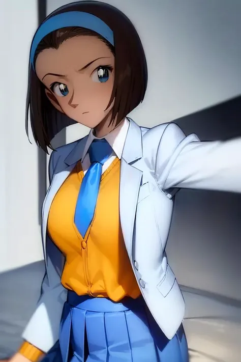 ((masterpiece)), (8k, high_resolution), (distinct_image),((1girl, solo)), (best quality), (meitantei conan \(style\), detecive conan \(style\), meitantei conan), solo, beautiful eyes and detailed face, ((1girl, solo)), medium breasts, (slim, slender), ((short hair, hair band)), ((school uniform, green necktie, white shirt, blue blazer, blue jacket, blue skirt:1.2)), <lora:sonoko-22:1>, ((selfie))