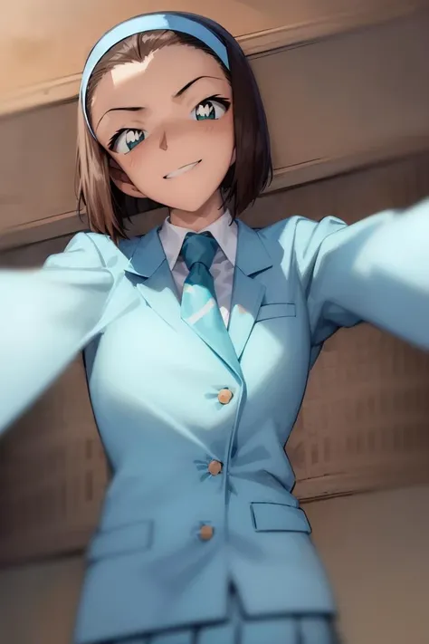 ((masterpiece)), (8k, high_resolution), (distinct_image),((1girl, solo)),  (best quality), (meitantei conan \(style\), detecive conan \(style\), meitantei conan), solo, beautiful eyes and detailed face, ((1girl, solo)), medium breasts, (slim, slender), ((short hair, hair band)),  (smile), ((school uniform, green necktie, white shirt, blue blazer, blue jacket, blue skirt:1.2)),  <lora:sonoko-22:1>, ((selfie))