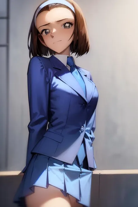 ((masterpiece)), (8k, high_resolution), (distinct_image),((1girl, solo)), (best quality), (meitantei conan \(style\), detecive conan \(style\), meitantei conan), solo, beautiful eyes and detailed face, ((1girl, solo)), medium breasts, (slim, slender), ((short hair, hair band)), ((school uniform, green necktie, white shirt, blue blazer, blue jacket, blue skirt:1.2)), <lora:sonoko-22:1>,