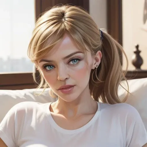 1girl, solo, kyl13m,looking at viewer, facial focus,portrait, tshirt, female focus, blurred background, luxury interior