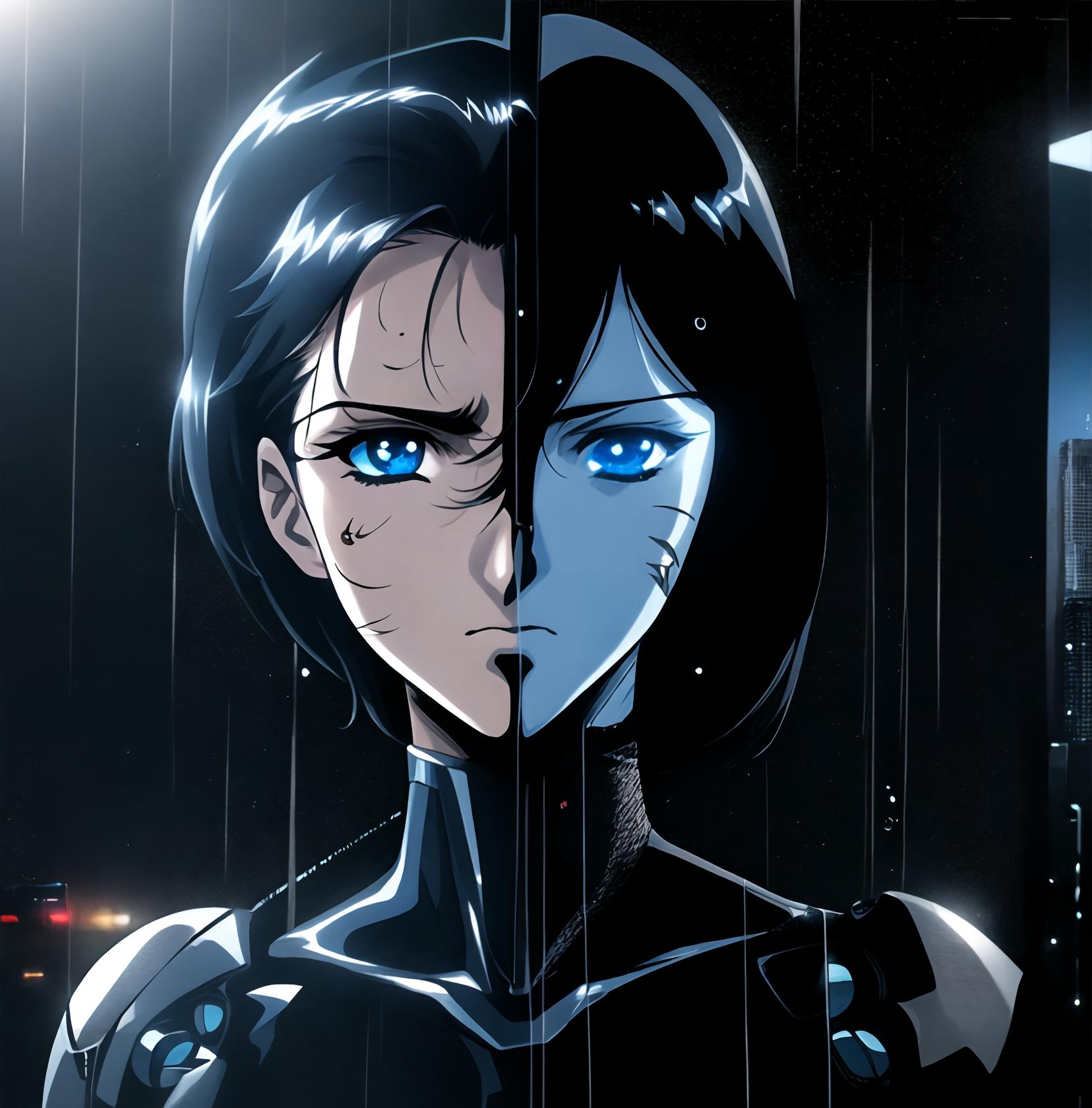 Anime girl with blue eyes standing in the rain - SeaArt AI