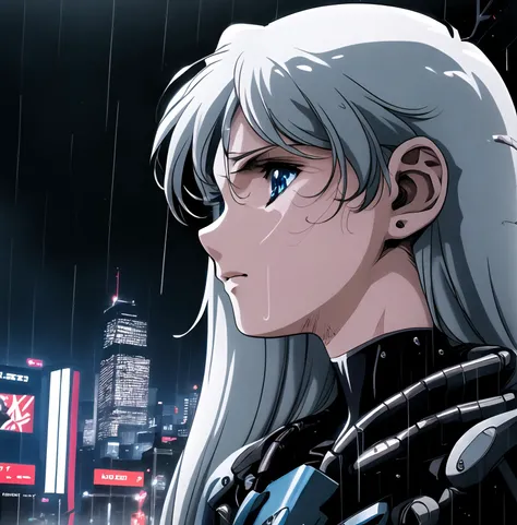 anime,best quality, masterpiece, realistic, 1girl,robot, cyberpunk , mechanical bodyparts ,standing, cityscape, led lights, screen, long white hair, scars, raining, wet, wet hair, looking away, indifferent, <lora:retroANIME_v10:0.75>, blue eyes