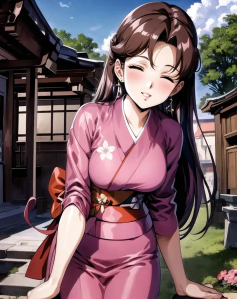 retro anime, best quality, masterpiece, 1girl, outside, park, shrine, mature,  earrings, traditional kimono, flower pattern,blushing, brown extra long hair, smiling, closed eyes,  <lora:retroANIME_v10:0.65>,cowboy shot,puckered lips