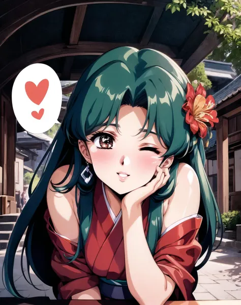 retro anime, best quality, masterpiece, 1girl, outside, park, shrine, mature, leaning forward, hair ornament,  earrings, traditional kimono, flower pattern,blushing,embarrased, brown extra long hair, smiling, one eye closed,  <lora:retroANIME_v10:0.65>,parted lips, imminent kiss,closeup, spoken heart,solo