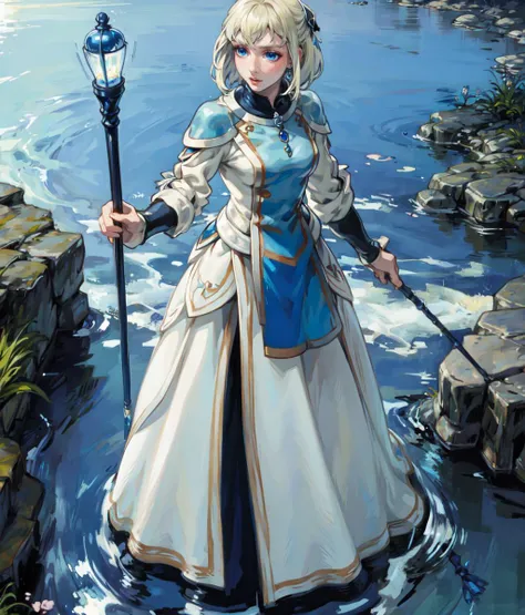 masterpiece, high res, detailed face, detailed eyes, anime screencap, 1 girl, solo, casting water magic, slender, short hair, white blonde hair, medium breasts, blue eyes, blue dress, staff, serious, blue magic, raising staff, outdoors, full body, cowboy shot  <lora:Sarah:1>