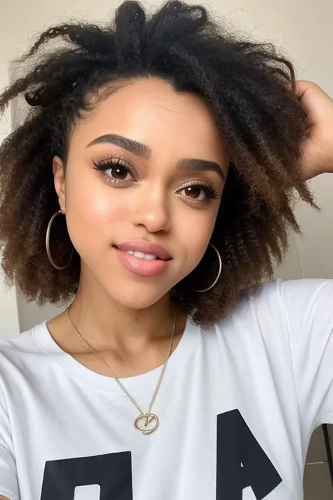 Close-up beauty shot of Macaiyla Twitch, (t-shirt:1.2),. Up-close skin perfection, detailed hair, high-resolution beauty, photo-realistic charm, exquisite facial features