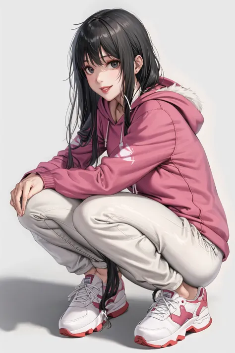 1girl, bangs, black eyes, black hair, jeneral, full body, hood, hood down, hoodie, long hair, long sleeves, looking at viewer, pants, pink hoodie, shoes, smile, sneakers, solo, squatting, v, white background, white footwear,parted lips,red lips