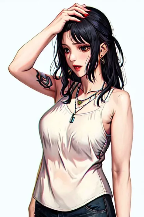 1girl, black hair, camisole, jeneral, hand on own head, heart, jewelry, necklace, solo, tattoo, white background