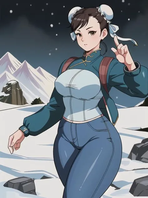 (masterpiece, best quality), <lora:chun-li-10:0.8> ,chun-li, bracelet, thighs, jacket thick thighs, bun cover, in chinese mountains, night, hiking, 1girl,jean, walking, bag, long sleeves, pantalon, snow