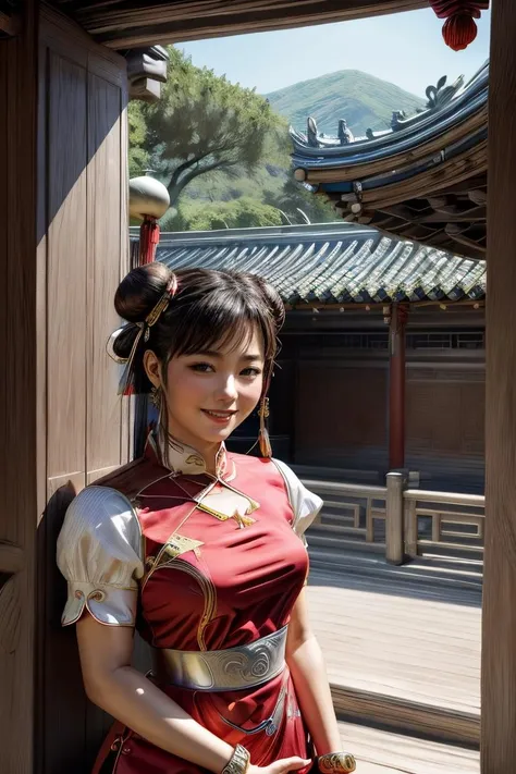 realistic, (masterpiece, best quality),(2girls:1.5) ,chun-li, (two bracelet:1.3), thighs, chinese clothes, dress, (red chinese dress,:1.5) thick thighs, red bun cover, award winning ,(raw photo:1.2), (two girls:1.5) <lora:chun-li:0.8>, ancient palace, chinese garden, water,<lora:ThaidollArunee_v1A:0.8>,  <lora:GoodHands-vanilla:0.8>,   (upper body:1.5),  <lora:more_details:0.8>, (smile:1.2)