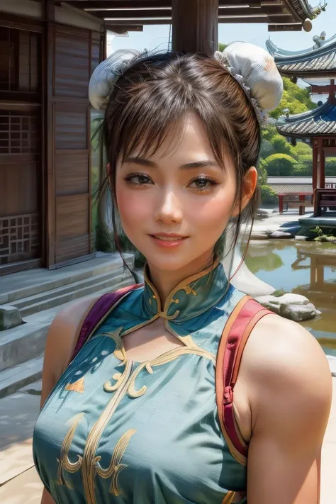 realistic, (masterpiece, best quality),(2girls:1.5) ,chun-li, (two bracelet:1.3), thighs, chinese clothes, dress, thick thighs, bun cover, award winning ,(raw photo:1.2), (two girls:1.5) <lora:chun-li:1.0>, ancient palace, chinese garden, water,<lora:ThaidollArunee_v1A:0.8>,  <lora:GoodHands-vanilla:0.8>,   (upper body:1.5),  <lora:more_details:0.8>, (smile:1.2)