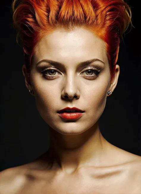 portrait of sks woman by Flora Borsi, style by Flora Borsi, bold, bright colours, orange Mohawk haircut, ((Flora Borsi)), <lora:lora_alaina_v1_from_v1_160:1>