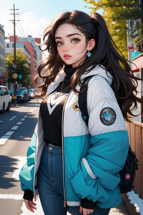 tv_Erica_Madsen_MXAI, (surrealism art stylized by Sardax:1.1) and (John Larriva:0.7) , detailed art, colorful embossing of a hyper detailed, Young Biophilic heavyset [Bangladeshi|Heisei Era] (Woman:1.3) , she is Walking down a street, she is cosplaying as Betty Boop, she is feeling very grateful, she is wearing her Snowboarding clothing, The Snowboarding clothing is Bronze and is detailed with bits of Denim, her hair is 1990'S and styled as Afro, Messy hair, she has a Eclectic Pirate Cyan Eyeshadow, Cybernetics, Detailed woods with Mossy rock, Snowing, deep focus, detailed, masterpiece, Flustered, Bastardcore, studio lighting, Circular polarizer, BW, silhouette, ethereal magical atmosphere, detailed skin, perfect skin, photolab, contest winner