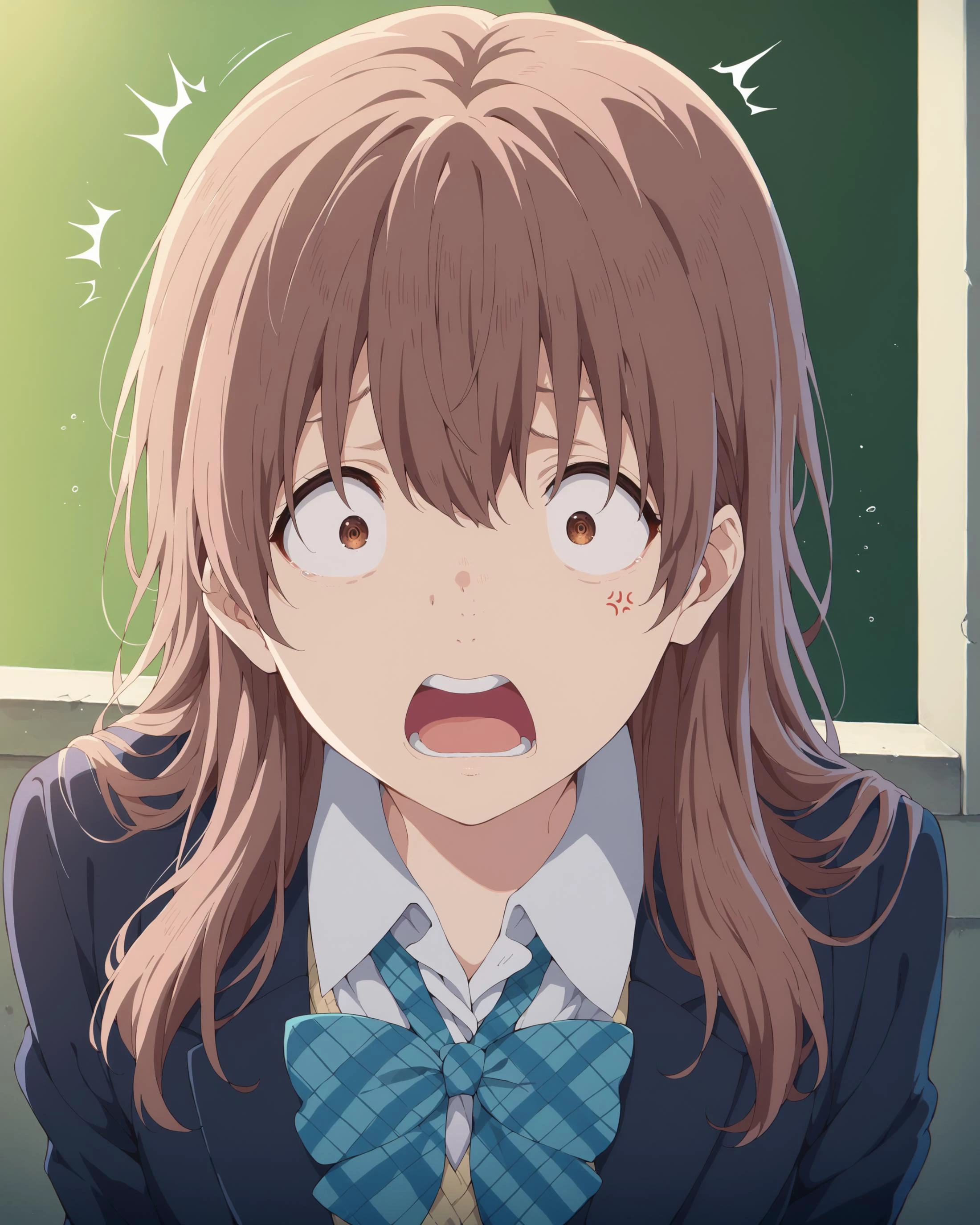 score_9, score_8_up, score_7_up, score_6_up, masterpiece, perfect quality, perfect lighting, nsfw,
<lora:shouko-nishimiya-movie-ponyxl-lora-nochekaiser:1> shouko nishimiya, long hair, brown hair, brown eyes, skirt, bow, school uniform, jacket, plaid, plaid skirt, blazer,
<lora:PE_OP_ShockedFaceMeme:1> PEOPShockedFace, shocked face, eyes popping out, mouth open, anime, cartoon
