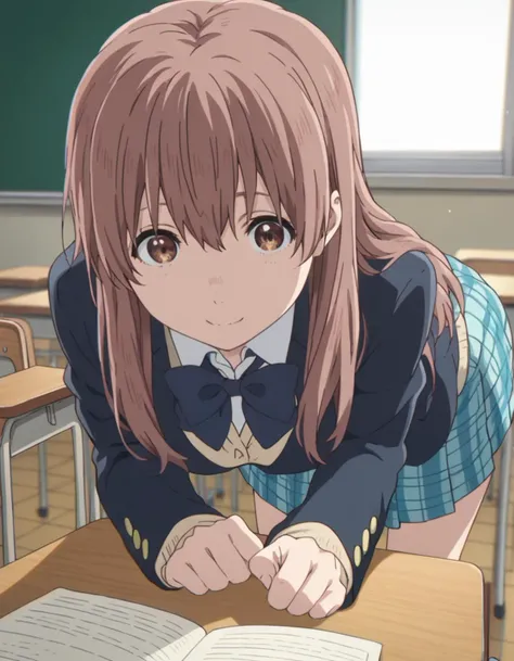 score_9, score_8_up, score_7_up, source_anime,
shoukonishimiya, <lora:shouko-nishimiya-movie-ponyxl-lora-nochekaiser:1>,
shouko nishimiya, long hair, brown hair, brown eyes,
skirt, bow, school uniform, jacket, plaid, plaid skirt, blazer,
indoors, classroom, smile, bent over,
looking at viewer, solo, cowboy shot, dutch angle,