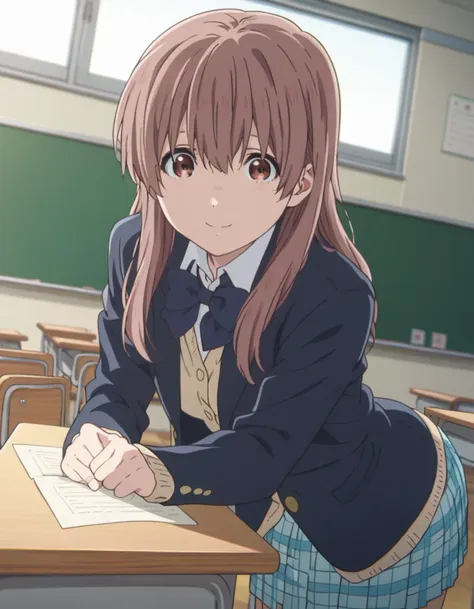 score_9, score_8_up, score_7_up, source_anime,
shoukonishimiya, <lora:shouko-nishimiya-movie-ponyxl-lora-nochekaiser:1>,
shouko nishimiya, long hair, brown hair, brown eyes,
skirt, bow, school uniform, jacket, plaid, plaid skirt, blazer,
indoors, classroom, smile, bent over,
looking at viewer, solo, cowboy shot, dutch angle,