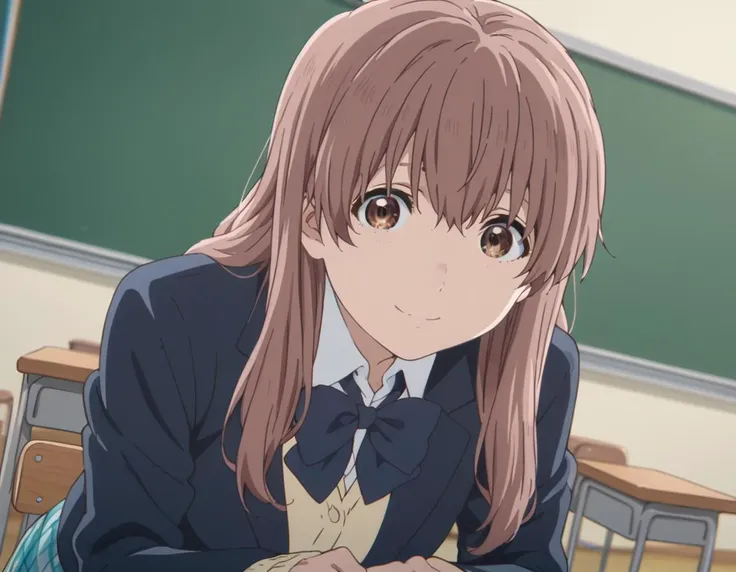 score_9, score_8_up, score_7_up, source_anime,
shoukonishimiya, <lora:shouko-nishimiya-movie-ponyxl-lora-nochekaiser:1>,
shouko nishimiya, long hair, brown hair, brown eyes,
skirt, bow, school uniform, jacket, plaid, plaid skirt, blazer,
indoors, classroom, smile, bent over,
looking at viewer, solo, cowboy shot, dutch angle,