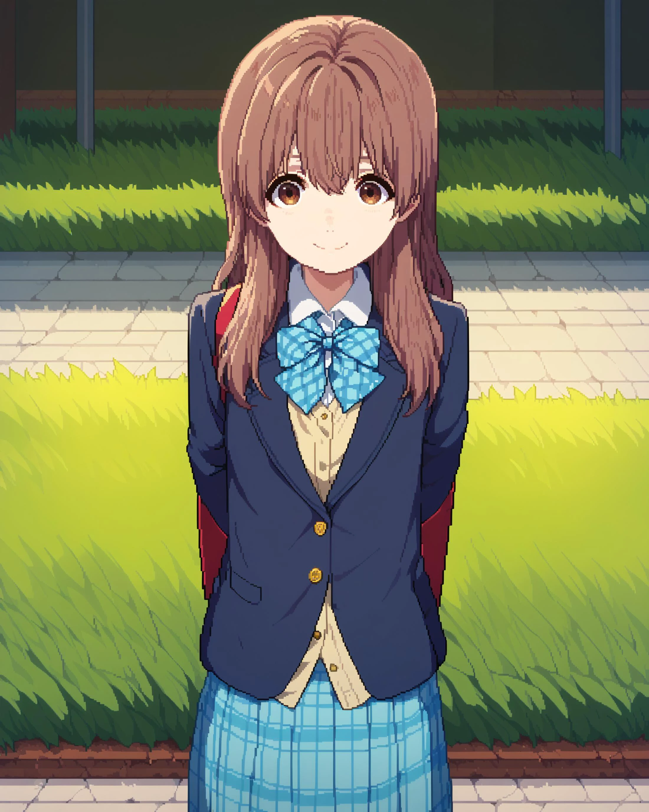 score_9, score_8_up, score_7_up, score_6_up, masterpiece, perfect quality, perfect lighting,
solo girl, cute girl, smiling, cute pose, hands behind back,
<lora:shouko-nishimiya-movie-ponyxl-lora-nochekaiser:1> shouko nishimiya, long hair, brown hair, brown eyes, skirt, bow, school uniform, jacket, plaid, plaid skirt, blazer,
<lora:Pixel_Art_Pony:1> Pixel_Art