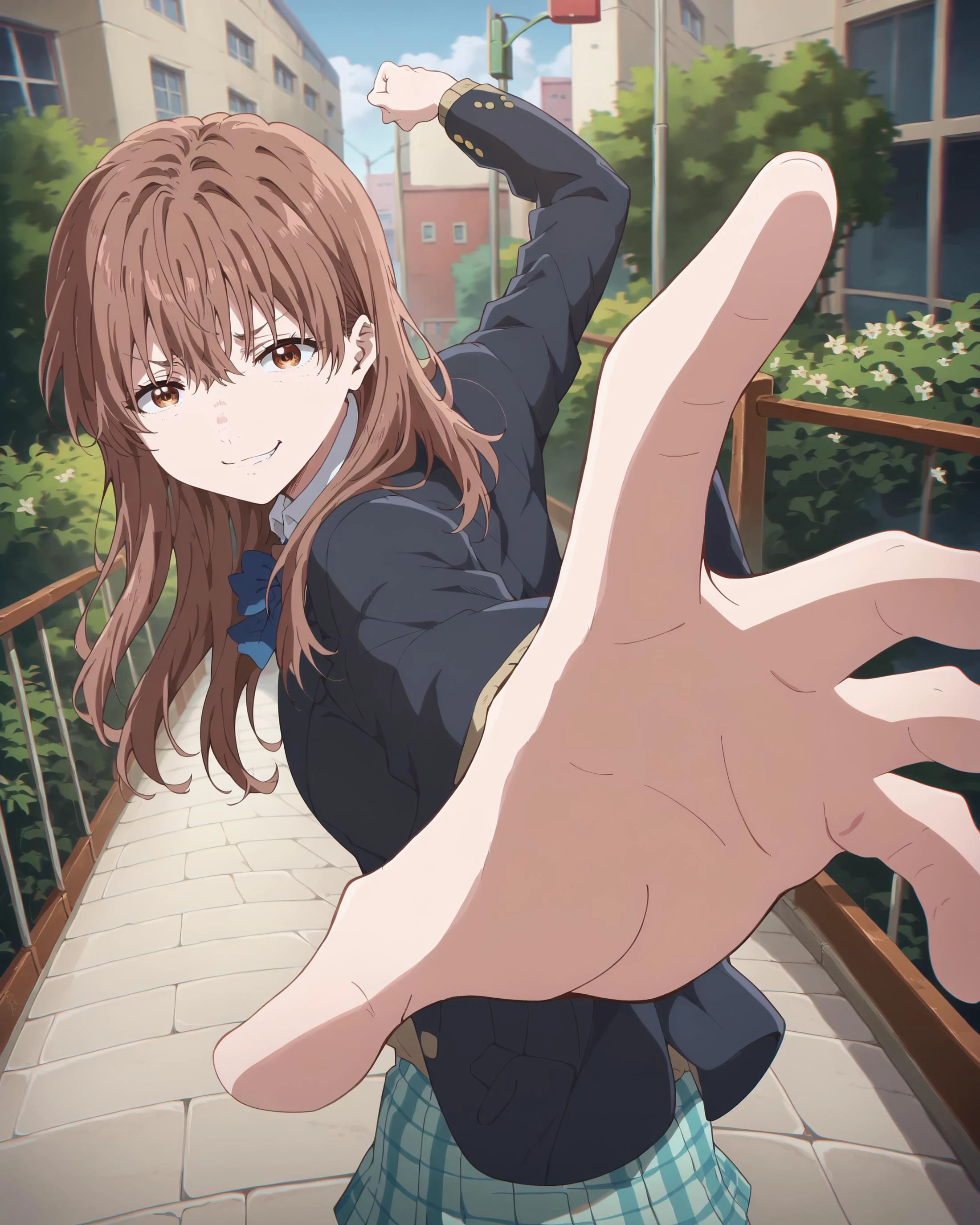 score_9, score_8_up, score_7_up, score_6_up, masterpiece, perfect quality, perfect lighting, nsfw,
smug grin on face, (five fingers on hand),
<lora:shouko-nishimiya-movie-ponyxl-lora-nochekaiser:1> shouko nishimiya, long hair, brown hair, brown eyes, skirt, bow, school uniform, jacket, plaid, plaid skirt, blazer,
<lora:PepePunchMeme_XLPD:1> IncrsPunchMeme, incoming punch
