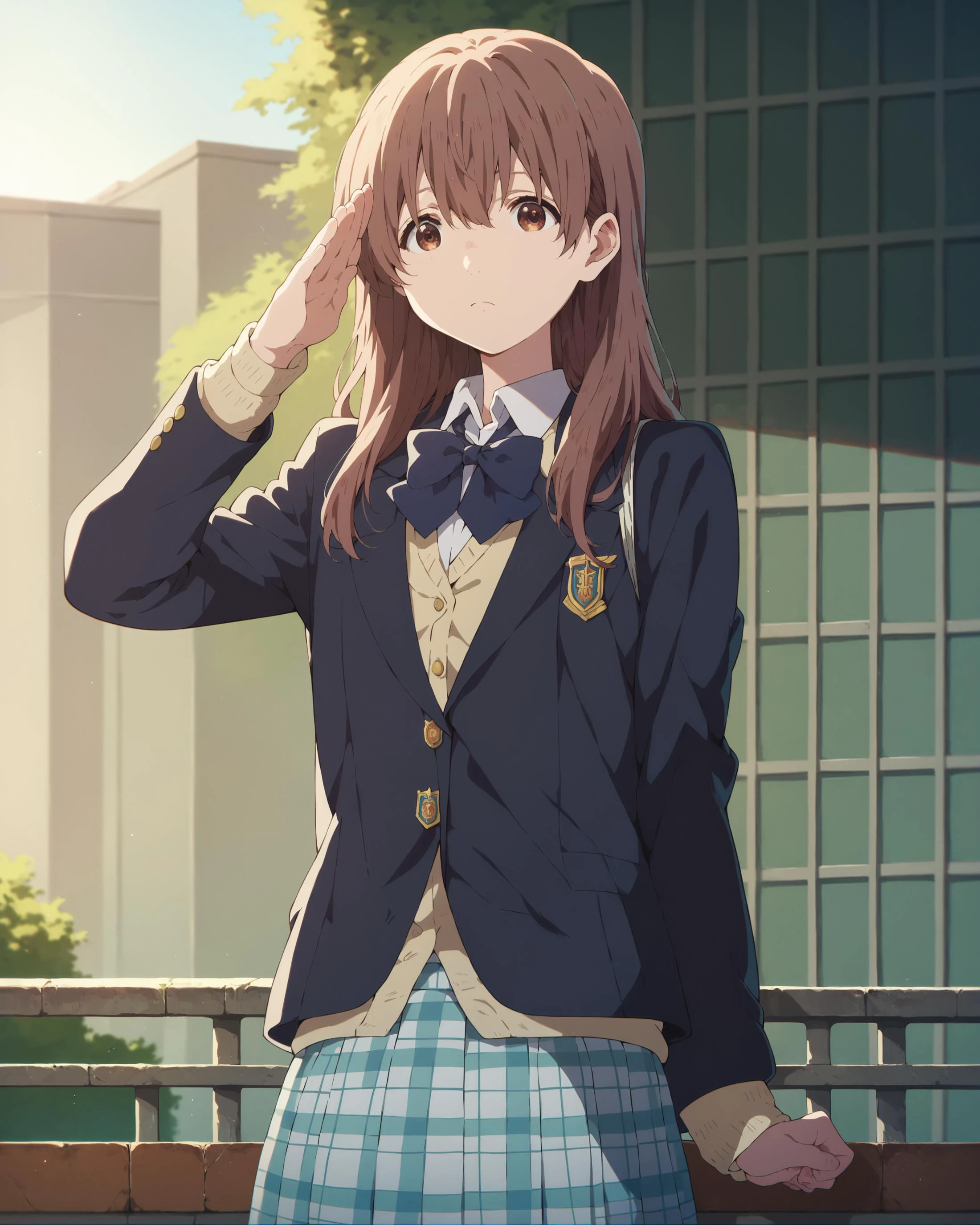 score_9, score_8_up, score_7_up, score_6_up, masterpiece, perfect quality, perfect lighting,
<lora:shouko-nishimiya-movie-ponyxl-lora-nochekaiser:1> shouko nishimiya, long hair, brown hair, brown eyes, skirt, bow, school uniform, jacket, plaid, plaid skirt, blazer,
<lora:Salute:1> Salute