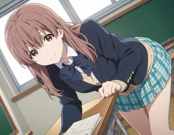 score_9, score_8_up, score_7_up, source_anime,
shoukonishimiya, <lora:shouko-nishimiya-movie-ponyxl-lora-nochekaiser:1>,
shouko nishimiya, long hair, brown hair, brown eyes,
skirt, bow, school uniform, jacket, plaid, plaid skirt, blazer,
indoors, classroom, smile, bent over,
looking at viewer, solo, cowboy shot, dutch angle,