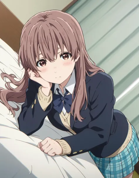 score_9, score_8_up, score_7_up, source_anime,
shoukonishimiya, <lora:shouko-nishimiya-movie-ponyxl-lora-nochekaiser:1>,
shouko nishimiya, long hair, brown hair, brown eyes,
skirt, bow, school uniform, jacket, plaid, plaid skirt, blazer,
indoors, bed, bed room, on side, blush, drunk,
looking at viewer, solo, cowboy shot, dutch angle,