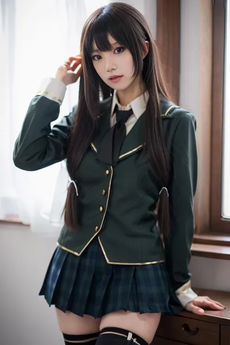 a curly-haired girl with green eyes,with a U uniform.a, looking out the school window,Boku no hero academia anime