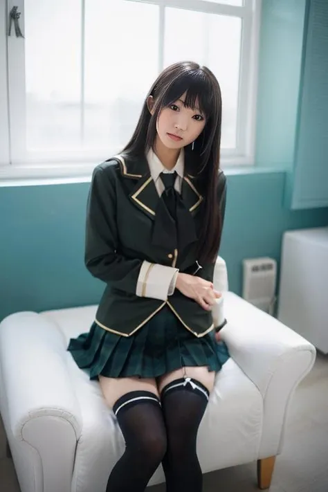 8K, highest quality, genuine Image, ultra detail, ultra high resolution, depth field,(Photoreal,genuine:1.2),table top, 0.25 :: , Japanese_girl, eye_Chan, an extremely beautiful 17-year-old girl, innocent big eyes_short_hair), (deep_green_eye:1.0),(前hair), ウェーブのかかったhair, disheveled hair,(hair clips), perfect shiny skin, perfect skin, Fair skin, (huge breasts:1.3), tight waist, light blush, alone, With a light smile (((Just a little see-through:0.9) School_uniform), (green_length_tie), (green_pleats_skirt), (black knee high socks): 1.2), (black lace bra: 0.9),
Japan High School ,whole body,(Wet:0.9), barefoot, put something between your legs, barefoot, angle from below, barefoot, feet close up, slightly thick thighs, spread your legs、Nogizaka、beautiful black eyes:1.３、1 17 year old high school girl