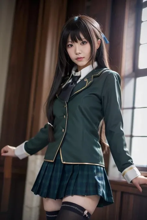 (masterpiece, best quality:1.4), (full body), (sitting on the garden:1.2), (erotic pose:1.2), happy smile, big smile, 1girl, solo, inoue takina, long hair, bangs, black hair, (purple eyes:1.2), BREAK shirt, long sleeves, dress, ribbon, school uniform, white shirt, collared shirt, belt, neck ribbon, blue dress, green ribbon, pleated dress, grey dress, two-tone dress, blue belt, (lycoris uniform:1.5), looking at viewer, beautifull smile, beautiful face, highly detailed face, highly detailed eyes, highly detailed skin, skin pores, subsurface scattering, realistic pupils, full face blush, full lips, detailed background, depth of field, volumetric lighting, sharp focus, absurdres, realistic proportions, good anatomy, (realistic, hyperrealistic:1.4), 16k hdr,