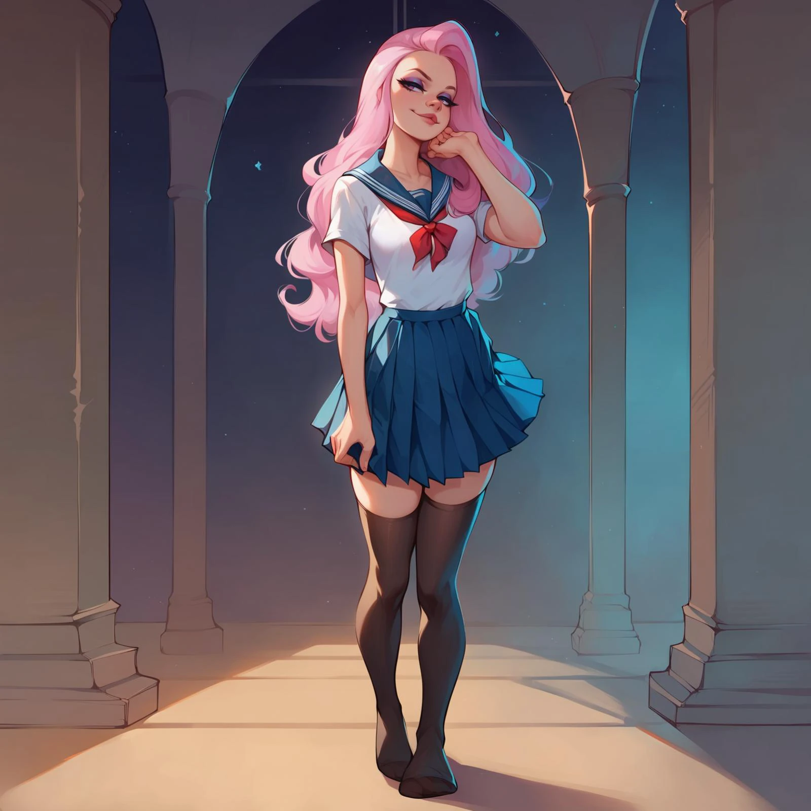 score_9, score_8_up, score_7_up, score_6_up, score_5_up, score_4_up, cel-shaded,
1girl, solo, full body, eyeliner, eyeshadow,
dark background, night, western architecture, indoors,
(school uniform, thighhighs, covered toes:1.2), feet,
standing, naughty face, posing, frome above, face close-up,
zPDXL2 <lora:Belle_Delphine_for_PonyXL:0.6> belle_delphine, long hair, pink hair,