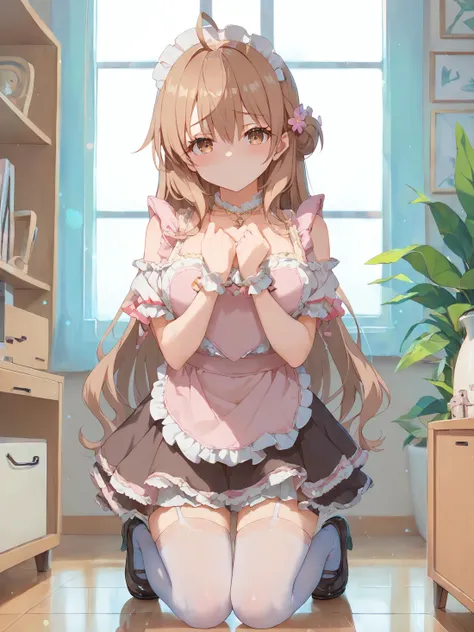 score_9, score_8_up, score_7_up,
kneeling, shy face, eyes level,
best quality, masterpiece, cozy room,
professional photo, high key light, hard shadow, soft bokeh,
masha_ane, brown eyes, brown hair, hair flower, long hair, ahoge, 
lovelybear_maid_outfit, looking at viewer, minimal diamonds jewelry with a necklace,
<lora:hinaAlyaMashaYuki_wifu_rev2:1>
<lora:hinaMaidOutfitLovelybear_rev2:1.2>